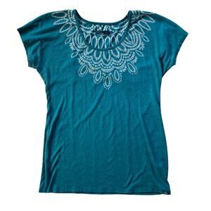 Prana Printed Scoop Neck Top Size Large Teal White